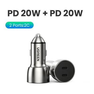 UGREEN 20W Car Dual PD TYPE C Fast Charger Up to 2.5x Faster Aluminum Case Suitable for Tomtom SatNav iPhone 16 15 14 Pro Max iPhone 15 14 Plus iPhone 12 11 Pro Max /IPad Pro 2018/Huawei P30 Pro/Redmi Note 7/Nintendo Switch Ipad Pro 2021