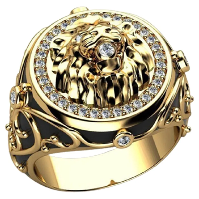 YT-Domineering Men's 18K Gold Diamond White Sapphire Lion Head Rings  Wedding Engagement Jewelry