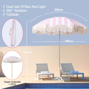 6ft Outdoor Patio Umbrella with Tassels UPF50+ UV Protection Wooden Pole 8 Fiberglass Ribs Foldable Sunshade for Garden Balcony & Fishing 阳光沙滩伞