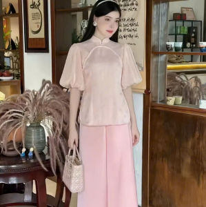 Set đồ lam đi chùa lễ Tết chất Tơ áo thêu hoa cổ viền Ren tay bồng kèm quần dài Tuyết Nhung