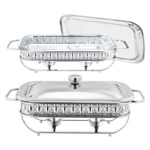 Chaffing Dish Food Warmer Stainless Steel Glass Baking Dish with Lid and Rack Warmer Server with Fuel Holder Rectangles Food Warming Tray for Parties Wedding Outdoor Banquet Hotel