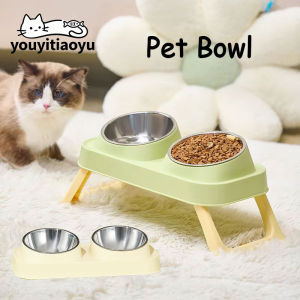 YOUYITIAOYU Pet Bowl Cats Dogs Foldable Stainless Steel Double Bowls Non-slip Cat Neck-Protecting Elevated Bowl