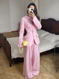 Vải lanh đồng màu Cổ tròn Blazer Quần ống rộng Hai mảnh Bộ mỏng vừa vặn Dài tay 2026 Phụ nữ Mùa hè Trang phục Nhân quả Bộ đồ Quý bà Sang trọng2026