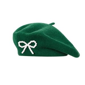 FLUTE Solid Color Bow Beret Pearl Knitted Wool Beret Fashion Korean Style Beanie Cap Women