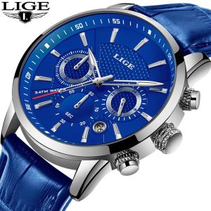 LIGE Mens Watches Gift Top Luxury Brand Waterproof Sport Watch Chronograph Quartz Military Genuine Leather Wrist Watch