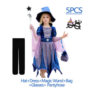 Kids 2026 Halloween Witch Costume for Girls Carnival Party Evil Lovely Witch Vestidos Set Dress+Hat+Magic Wand+Bag Clothes Set