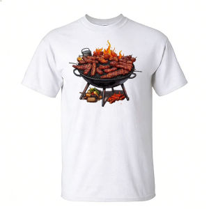 [Local Stock] HBESTY  vGrill Full Of Skewers Sausages Flame BBQ Graphic Men Summer Cotton T Shirt Outdoor Barbecue Cookout Short Sleeve Daily Top