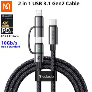 （For iPhone 8-15 Series）Mcdodo 2 in 1 USB 3.1 Gen2 Cable For iOS  Macbook Pro iphone 15 pro max iPhone X 8 Plus XR XS MAX 11 12 13 14 and Android Samsung huawei Xiaomi Google oneplus vivo oppo USB-C to USB-C+Lightning PD Fast Charging Cable Data Cord