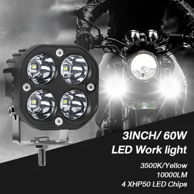 2PCS Universal 3 Inch 60W Yellow LED Work Light Square Mini Waterproof Driving Light Fog Light