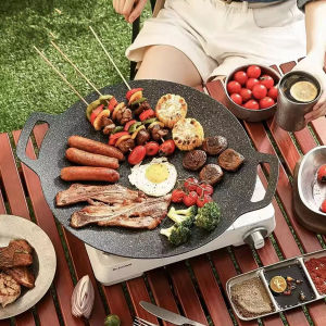 BBQ Griddle Grill Pan non-stick Barbecue Pan suitable for induction cooker Stone Baking Pan 30CM，Non Stick Barbecue Plate Korean Frying Pan