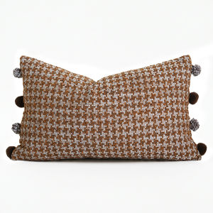 Vintage Tweed Cushion Cover with Fuzzy Ball Neutral Minimalist Aesthetic Room Decor Soft Chenille Pillowcase for Couch Sofa Home