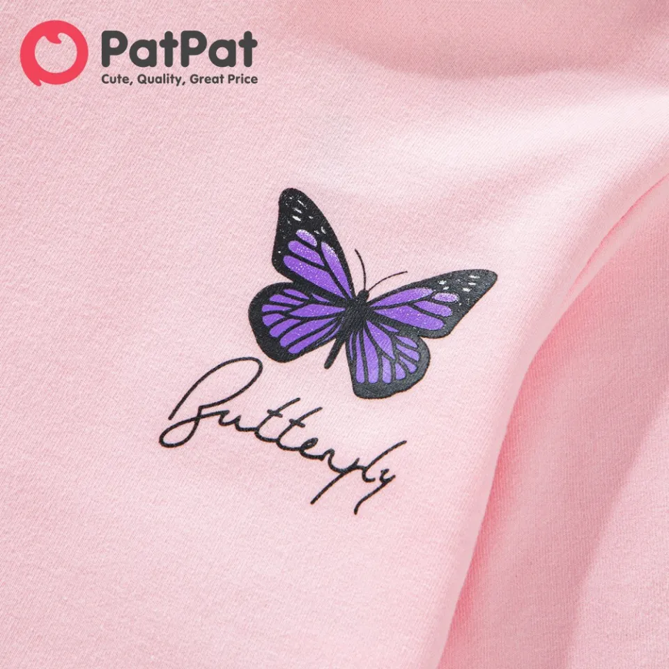 2-piece Kid Girl Butterfly Print Pink Hoodie Sweatshirt and Colorblock Pants Set