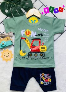 Setelan Baju Bayi Tractor Warna Setelan Baju Bayi Usia 3-15 bulan Max BB 10kg.