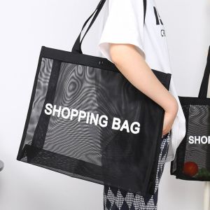 CUBBY Nylon Transparent Mesh Shopping Bag Single Shoulder Black Travel Storarge Bag Casual Crossbody Bag Large Capacity Tote Bag Lady