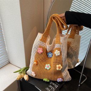 HEFEI Hollow Out Flower Thread Woven Bag Beach Handbag Tote Bag Hollow Shoulder Bag Simple Large Capacity Beach Bag Girls