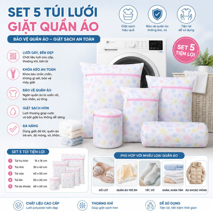 Set 5 túi lưới giặt đựng quần áo trong máy giặt chống nhăn mất form - Túi Giặt Bảo Quản đồ lót, chăn ga, sơ mi, túi lưới, túi lưới giặt đồ, túi đựng ...