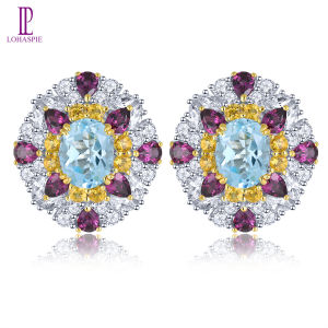 Lohaspie ต่างหู8กะรัตแท้925เงินแท้ต่างหูโกเมนโรโดไลต์สีฟ้าบุษราคัมสำหรับผู้หญิงต่างหูหินบุษราคัม925เครื่องประดับต่างหูเงิน