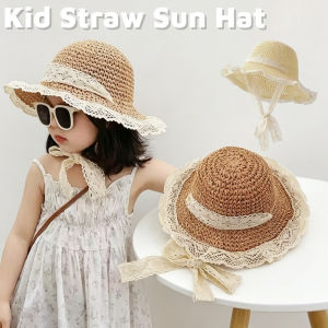Kids Straw Sun Hat Breathable Lightweight Lace Bow Sun Protection Hat for Girls Beach Summer