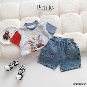 Set bộ tay ngắn phối màu họa tiết carnival kèm quần short jean bé trai 11kg tới 28kg BERNIE H0525B47