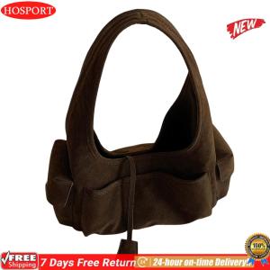 [HOM] Women PU Retro Shoulder Bag Large Capacity Top Handle Bag Multiple Pockets Solid Color Handbag for Travel Work