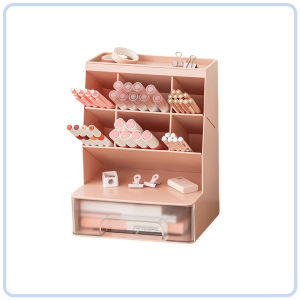 【DAILY ESSENTIAL】 Slanted Pen Holder with Clear Drawer and Covered Top