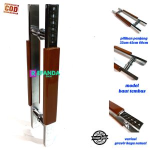 set gagang handle tarikan pegangan pintu rumah model baut tembus pilihan panjang 33cm 45cm dan 60cm bahan stainless kombinasi kayu tersedia untuk pintu depan dan kamar model daun pintu 1/2 kupu tarung