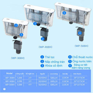 Máy lọc bể cá / hồ cá Sobo lọc thác WP308H 6W 600 l/h