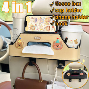 Car Seat4 IN 1 Cartoon Multi-function car seat back storage box Cup Holder Tissue Box Phone Holder with hook Back Organizer Multifunctional Storage Box with Hook Portable Tissue Holder Bottle Pocket
