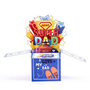 FGBP Super DAD การ์ดวันพ่อมีความสุข สีฟ้าสีฟ้า งานทำมือ การ์ดอวยพร3D ของขวัญวันพ่อ พร้อมซองใส่ การ์ดอวยพรแบบป๊อปอัพ สำหรับผู้ชาย