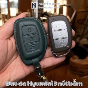 Bao Da Chìa Khoá Xe Ô Tô HUY-C3 Hyundai i10 2014 -2020 -Tucson i20 Active Smartkey 4 Nút Bấm Ốp Chìa Khoá Da Thật