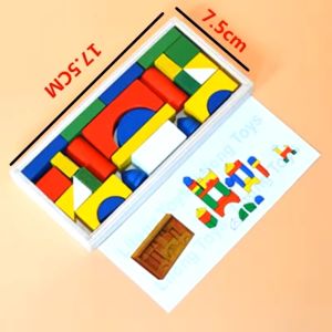 Mini Wooden Building Blocks Toy with With Wooden Tray Box for Kids Toddlers Children(17.5cmX2cmX8cm)