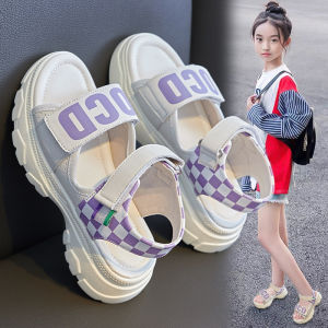 Xăng đan bé gái quai dán kẻ caro Sandal bé gái mẫu mới nhất đế êm da mềm thoáng khí Dép quai hậu bé gái đi biển Mùa hè DT140