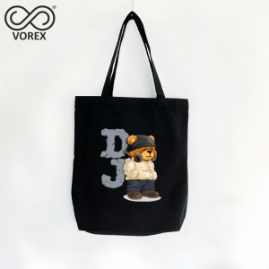 DJ Bear on Turntables Cartoon Print - VOREX Cool Animated Tote Bag EDM Party Gift for Music Fans (Beige & Black) | V001