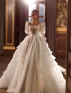 Fairycore Wedding Dress Ballgown Square Neckline Short Sleeves Zip Back Tulle Dress Boho Sparkle