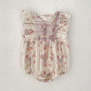 2026 Baby Girls Rompers Summer New Arrivals Flying Sleeves Sweet pink Flower Printing Princess Rompers Newborn Banquet Attire2026