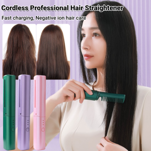 Rechargeable Negative Ion Hair Straightening Comb 2 in 1 Curl Heated Comb Styling Brush Cordless Professional Hair Straightener