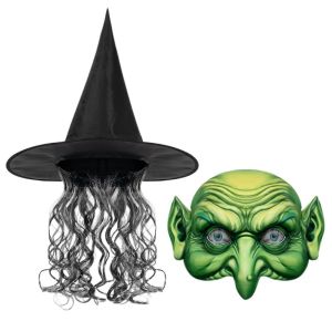 SIRENXI Green Witch Wig Hat Set Spider Web Black Halloween Horror Witch Hair Cloth Demon Drama Decor