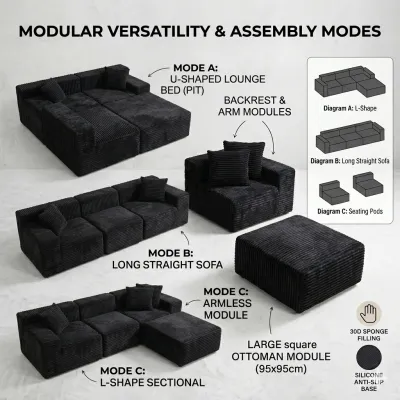 DreamHug L-Shape Sofa Bed Convertible Modular Sectional Sofa (L-shape na Sofa Bed) 260cm Premium Corduroy Fabric 30D High Density Foam with 5 Free Pillows No Tools Needed Multi-functional 3-in-1 Minimalist Style for Living Room