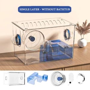 Acrylic Hamster Cage Transparent Habitat for Hamsters/Gerbils with Running Wheel & Tunnels