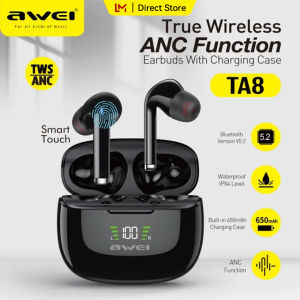 Awei TA8 ANC Wireless Bluetooth Earphones Active Noise Cancelling LED Digital Display Battery 300 Hours Long Standby Gaming Earbuds IPX6 Waterproof Surround Stereo In Ear Headphone