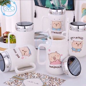 Cốc Sứ Giữ Nhiệt 450ml Nắp Tráng Gương Có Tay Cầm In Họa Tiết Ngẫu Nhiên