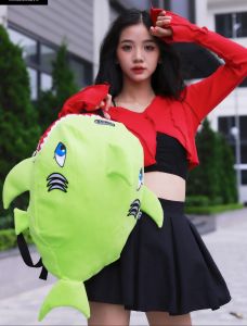 Balo cá mập vải nhung mềm mại siêu cute màu xanh lá