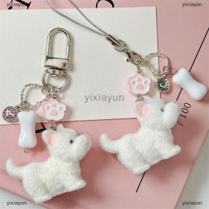 [COD] yixiayun Cute Cartoon Lovely Animal Flocking West Highland Puppy Keychain Pendant Backpack Ornaments Bag Lanyard Phone Chain Couple Gifts