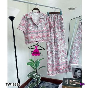 ฺB18893 Set 2 ชิ้น เสื้อเชิ้ตครอปลายกราฟฟิก+ กางเกงขายาว Set 2 ชิ้นเสื้อเชิ้ตครอปลายกราฟิก+เสื้อเชิ้ต