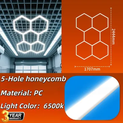 5/7/8 Holes Hexagon Honeycomb LED Ceiling Light 6000K White for Garage Workshop Car Wash