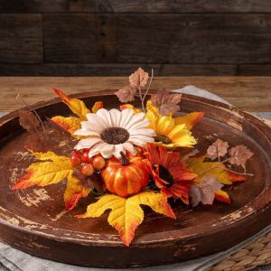 MESSUE Pumpkin Maple Autumn Sunflower Wreath Ornament Plastic Rustic Style Candle Ring Wreath Maple Leaf Simulation Candle Holder Thanksgiving Decor