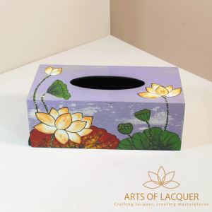 Hộp Đựng Khăn Giấy Sơn Mài Hoa Sen Vàng Trên Nền Tím