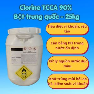 Clorine TCCA 90% Bột trung quốc - 25kg   | Tiêu diệt vi khuẩn rêu tảo   | Cân bằng pH trong nước ổn định   | Xử lý nguồn nước màu   | Khử trùng mùi hôi ao hồ kiểm soát vi khuẩn