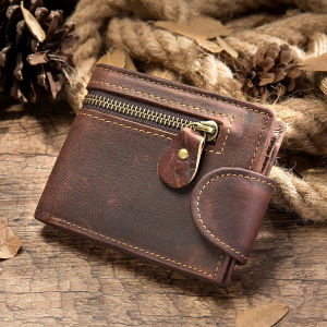 Mens Vintage Crazy Horse Leather Wallet – Genuine Top Layer Cowhide Short Wallet with Buckle Multi-Card Holder (RFID Protection)