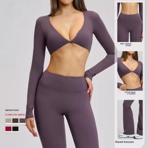 MUTUER 2PCS Phụ nữ Yoga Set Chạy bộ trang phục Thể thao Tập luyện Mặc phòng tập thể dục Legging Fitness Bra Crop Top Áo tay dài Phù hợp thể thao